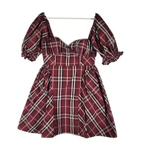 Maeve Anthropologie Tartan Plaid Puff Sleeve Smocked Dress Burgundy Size S